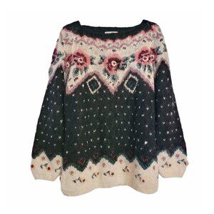 Jennifer Reed Vintage Handknit Mohair Blend 3D Floral Fair Isle Sweater